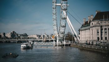 A picturesque day view of the London Eye and Thames River in London, England.